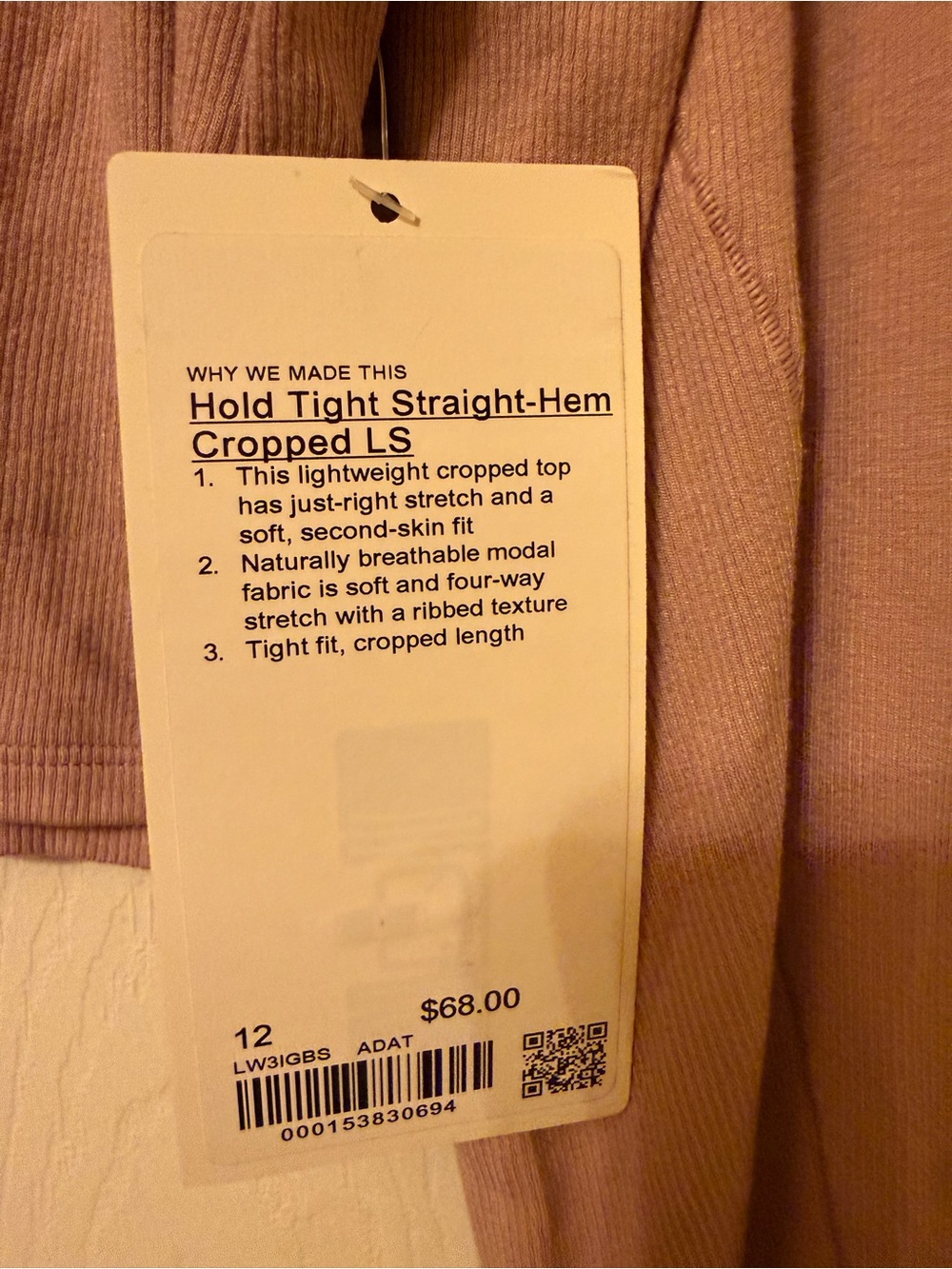 lululemon athletica Hold Tight Straight-Hem Cropped LS in dusty mauve